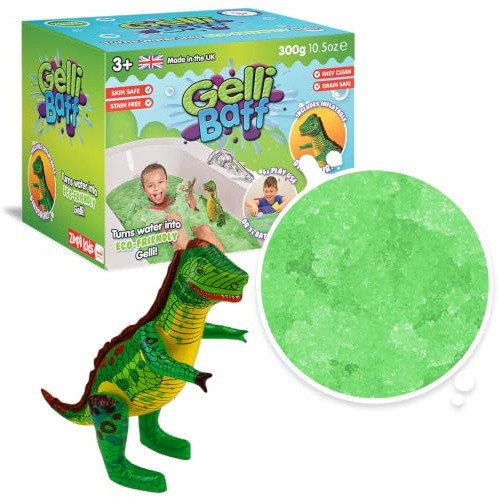 ZIMPLI - Gelli Baff Green with Inflatable Dinosaur, 1 Bath or 6 Play Uses, Magically turns water into thick, colourful goo, Dino Toys for Boys