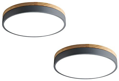 Serin-Eletro LED Deckenleuchte Rund Holz 24W Dimmbar mit Fernbedienung,Rund Deckenlampe Holz aus Grau Metall für Esszimmer Wohnzimmer Schlafzimmer Kinderzimmer Badleuchte,3000K-6000K,φ40CM(2 Stück)