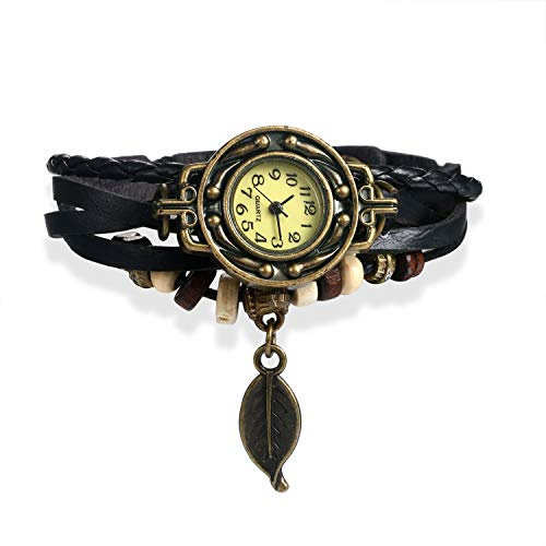 Avaner Vintage Armbanduhr mit handgeflochtenen Blättern Eule Schmetterling Anhänger Herren Damen Uhr Analog Quarzuhr Leder Armbänder für Frauen Männer