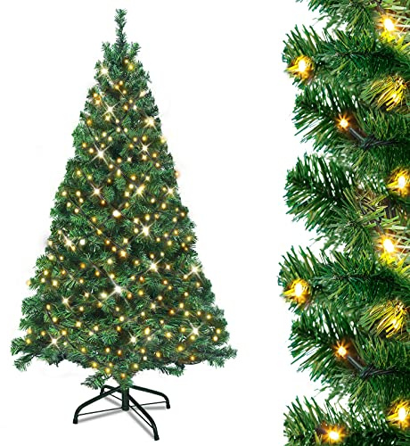 UISEBRT Árbol de Navidad Artificial con Luces LED, Soporte de Metal y 350 Luces, Árbol de Navidad de PVC Verde para Decoración Navideña (210cm)