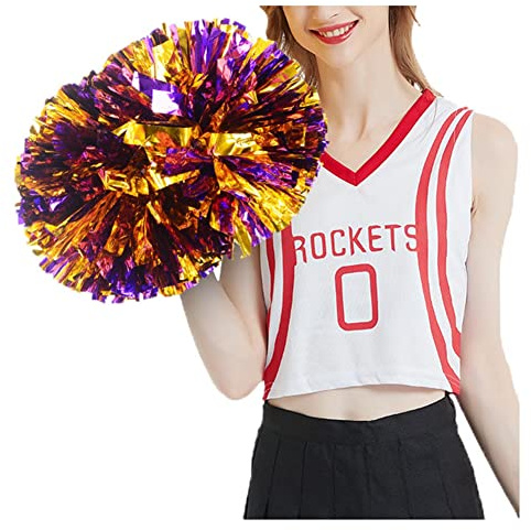 SHTGOI Cheerleading Pompons 2 Stück Metallic-Folie Cheerleading Pom Poms mit Handle Cheerleader Handblumen Cheers Blumenball für Sportveranstaltungen Ballspiele Tanzbedarf Lila+Gold