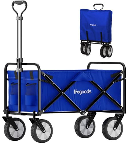 LifeGoods Bollerwagen Faltbar - Faltbarer Bollerwagen - Handwagen Klapbarr - Gartenwagen - Transportwagen - Strandwagen - Strand - Klappbarer – 360 Grad Drehbare Vollgummireifen - 94L– 98x45cm - Blau