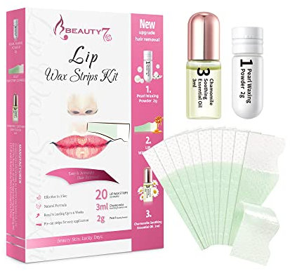 Bandas de Cera Fría Depilatoria para Depilación Facial de Labio Superior (Bigote), Fórmula de Cera para Pieles Sensibles, 20 Tiras de Cera con Polvo de Perla Aceite Esencial de Manzanilla (para Labio)