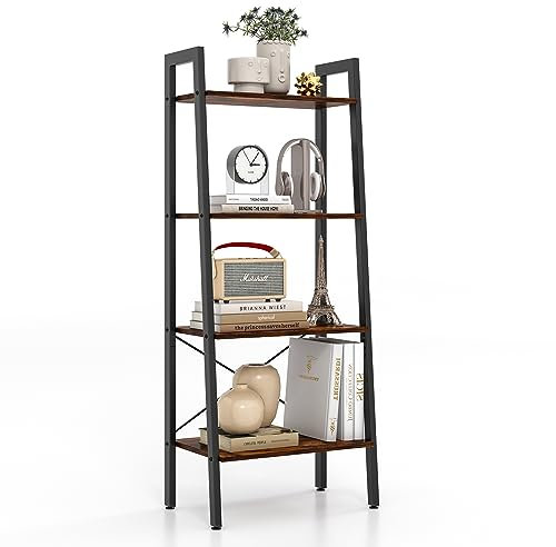 COSTWAY Bücherregal, Regal mit 4 Ebenen, Leiterregal Holz, mit Kippsicherungen & verstellbaren Fußpolstern, Metallrahmen, für Wohnzimmer, Arbeitszimmer & Büro (Rustikales Braun)