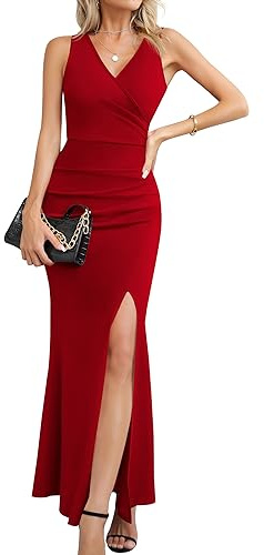 Laughido Vestido Largo de cóctel para Mujer, Vestido de Fiesta, Vestido de Verano, Festivo, Elegante, Bodycon Largo, Rojo, S