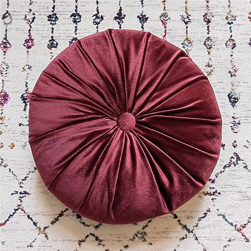 Rundes weiches plissiertes Samtkissen von Fouriding für Sofa, Bett, Auto, Meditationsstuhl, 35 cm (Weinrot)