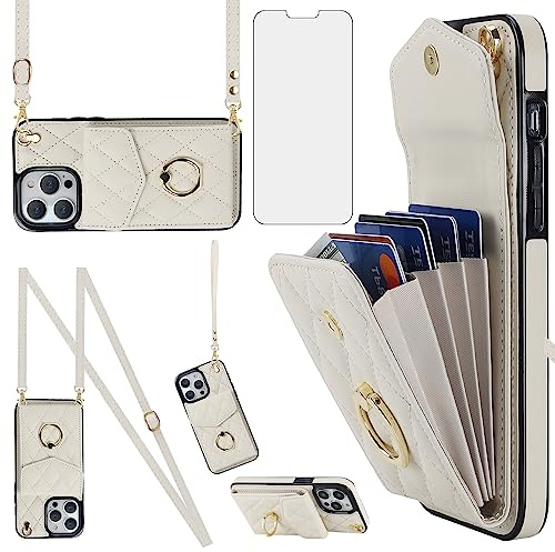 Asuwish Compatible with iPhone 15 Pro Max 6.7 inch Wallet Case Screen Protector Ring RFID Blocking Card Holder Cell Phone Cover for iPhone15promax 5G i Phone15Max Plus iPhone15 ProMax Women Off White