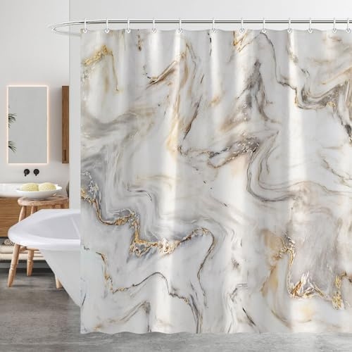 Minicoco Shower Curtain Mould Proof Mildew Resistant Bathroom Shower Curtains Waterproof Shower Curtain 100% Polyester Marble Shower Curtains with 12 Hooks, 180 x 200 cm (Marble)