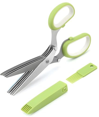 GEEKHOM Herb Scissors, Kitchen Herb Shears 5 Stainless Steel Blades Cutter Sharp Cooking Scissors with Safety Cover and Cleaning Comb for Chopping Chive Onion Cilantro Vegetables, Green, (SS402-06)