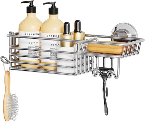 TAILI Shower Caddy Suction Cup with Hooks & Soap Holder, Heavy Duty Bathroom Shower Organizers, Removable Shower Shelves for Inside Bathroom,Stainless Steel Silver Basket
