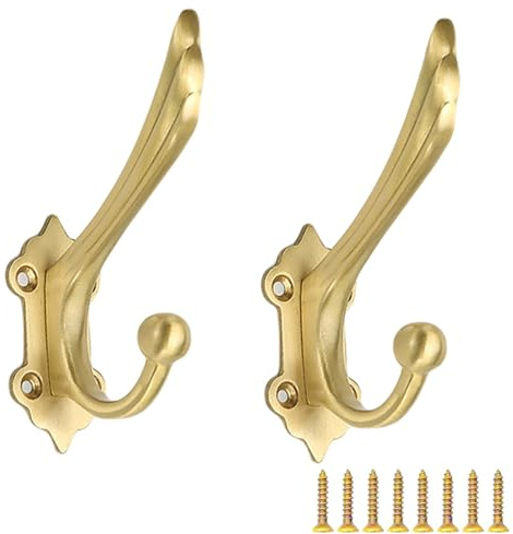 PIYYQNY Appendini Da Muro Gancio Appendiabiti In Ottone In Rame Puro Vintage Resistente Gancio Per Accappatoio Montato A Parete Per Chiavi Asciugamani Borse Tazze Cappelli(Doppio Gancio Oro 2 Pezzi)