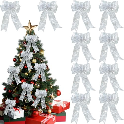 Shyllin Weihnachtsschleifen Schleifen Glitzer Weihnachtsbaum Bogen Schleife Satinband 10Pcs, Weihnachtsbaumschmuck Geschenkschleife 22x25cm, für Geschenkboxen Weihnachtskranz Geschenke Hochzeit Deko