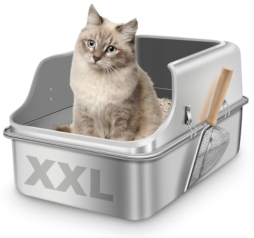 Katzenklo Edelstahl XXL, Stainless Steel Litter Box, Katzentoilette offene mit Metall Schaufel, Cat Litter Box hohem Rand, Katzentoilette Edelstahl, Katzenklo groß leicht zu reinigen(60x40x35cm)