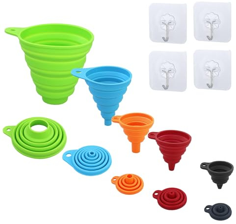 AMANDELIZABE Entonnoir de cuisine, 4 tailles, en silicone, transparent, pliable, 5 crochets
