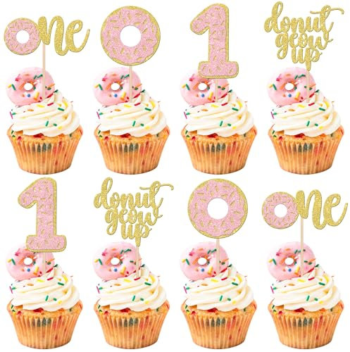 24 Pack Donut First Birthday Cupcake Toppers Glitter Donut Grow Up One Cupcake Picks Donut 1st Birthday Party Decorations for Donut Theme Baby Shower Girls Birthday Party Cake Decoration Supplies