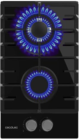 Cecotec Placa de Gas Butano y Natural 2 Fuegos Bolero Squad G 2200F Glass Black. 5250W, Cristal Negro, Parrillas Completas Hierro Fundido, WOK Triple Corona, Encendido Eléctrico, Sistema de Seguridad