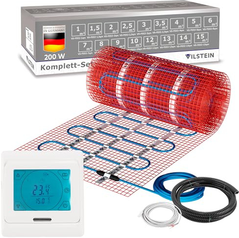 VILSTEIN Elektrische Fußbodenheizung 200W/m² – IP67 Turbo-Heizmatte | geeignet für Fliesenboden, Laminat & mehr, Twin Technologie, 4mm dünn, Touchscreen-Thermostat 16A, Komplettset 8m²