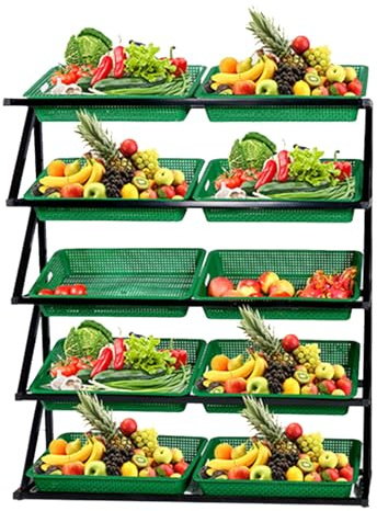 BOGDTF Estante para Verduras de 4/5 Capas, Estante de exhibición de Frutas y Verduras para supermercado, Soporte de Mercado de Productos Frescos con 8/10 cestas para despensa minorista, Tiendas de
