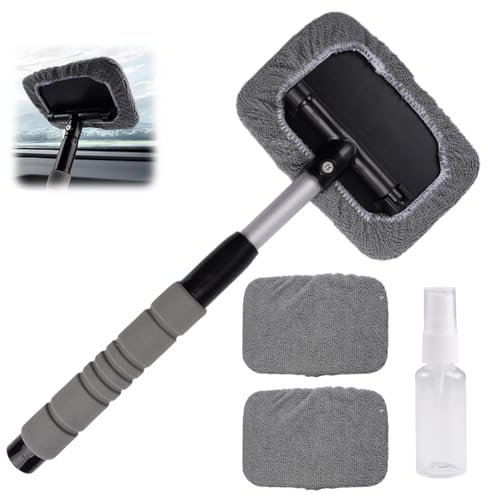 Limpiador de Parabrisas con 3 Reutilizable Almohadillas de Microfibra y 1 Botellas de Spray, con Asa Antideslizante y Retráctil, Puede Girarse 180 para Coches Todoterrenos Camiones Autocaravanas(Gris)