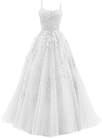Generisch 2025 - Damen-Kleid mit Spaghettiträgern, langes Partykleid mit Tüll Spitzenapplikationen Abend Ballkleider (White, XXL)