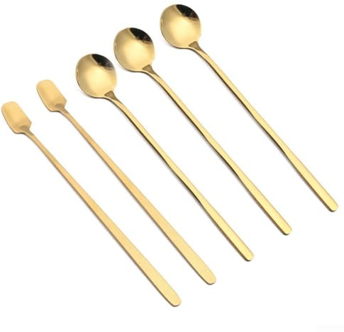 Set di 5 cucchiaini con manico lungo in acciaio inox per mescolare caffè, gelato e cocktail (dorato)