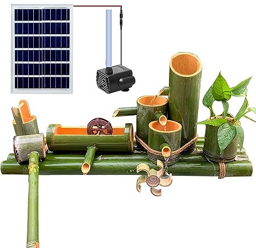 Fontaine de jardin solaire faite à la main en bambou – Décoration zen sur pied avec pompe, cuillère, roue porte-bonheur et rangée de bambou pour la circulation de l'eau de la maison et la décoration