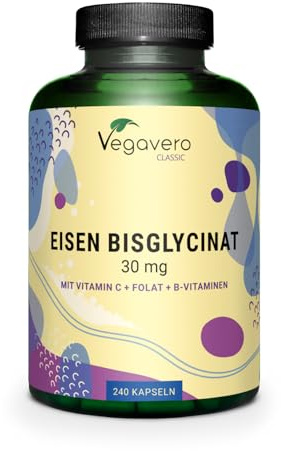 Eisen Bisglycinat Vegavero | 30 mg Iron | Mit natürlichem Vitamin C, Folsäure Quatrefolic, Vitamin B12, B6 & B2 | Vegan & Ohne Zusätze | 240 Kapseln