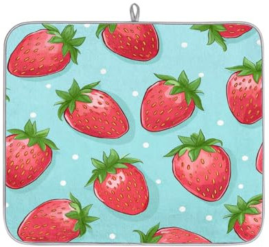 Fruit Strawberry Polka Dot Absorbent Dish Drying Mat for Kitchen Counter, Reversible Microfiber Dish Drying Pad with Hanging Loop for Glassware Utensils Pots 16x18 in