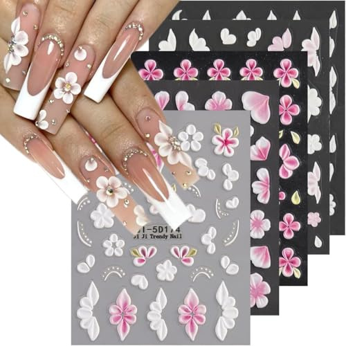 CHarmeFleur 5D Relief Blumen Nagelsticker 5 Stück Selbstklebende Rosa Weiße Blumenaufkleber Florale Blütenblätter Kirschblüte Schmetterling Nageldekore Französische