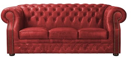 ROYALSOFA Sofa Chesterfield Manchester 3-Sitzer, Ledersofa mit Knopfheftung, Holzrahmen & Gepolsterten Armlehnen, Pflegeleichte Couch, Loungesofa für Wohnzimmer, Büro, Kanzlei & Hotel, Rot