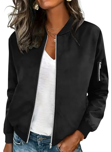 HOTOUCH Jackets for Women Casual Zip Up Cute Coats Fashion Black Flight Jacket Work Tops M