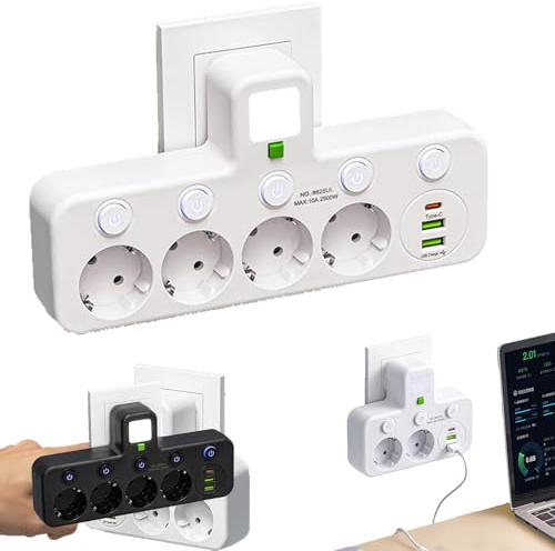Multi-Port EU-Steckdosenadapter mit 2 USB & 1 Type-C Ladebuchse (5V 2.0A), Mehrfachstecker ohne Kabel, Sanftes Nachtlicht, Ideal für Küche, Wohnzimmer, Schlafzimmer und Büro (White, 4 Fach)