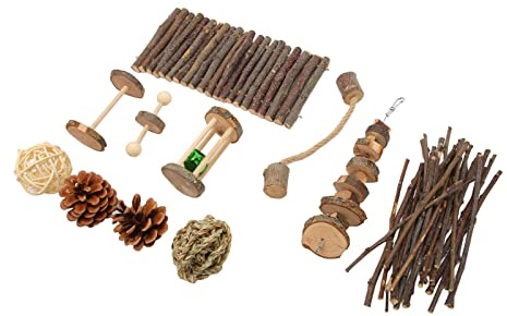 RASTKY Ensemble de Jouets pour Hamster Sûrs et Durables, Pommes de Pin en Bois de Pommier, Corde à Mâcher, Tunnel à Bille pour Petits Animaux, Bâton en Bois, Jouets Molaires de Lapin pour Gerbilles,