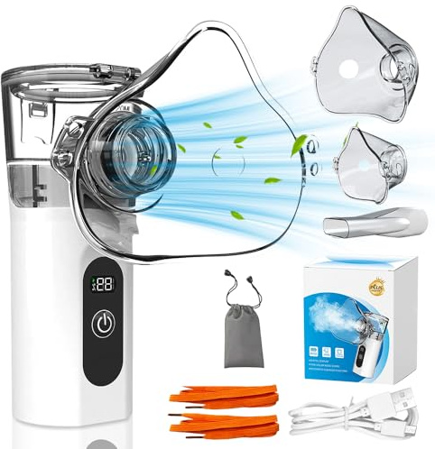 XPJBKC Nebulisateur Inhalateur Silencieux pour Adultes et Enfants, Nébuliseur Portable avec Ecran Digital et Autonettoyant, Aerosol Inhalateur Embout Buccal & 2 Masques, pour la Maison et les Voyages