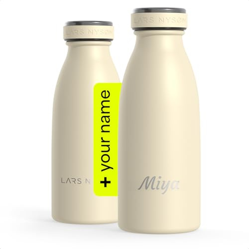 LARS NYSØM Botella de acero inoxidable personalizada 350 ml, 500 ml, 750 ml, 1L, 1,5L | Botella térmica con grabado para bebidas con gas | Botella como regalo con nombre (Almond Beige, 350ml)