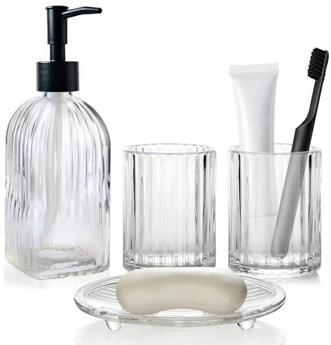 GKSCXEXE 4-teiliges Badezimmer Set, Glas Seifenspender Set Bad | Seifenspender, Seifenschale, Becher und Zahnbürstenhalter, Badezimmer Seifenspender und Zahnputzbecher Set für Waschtisch