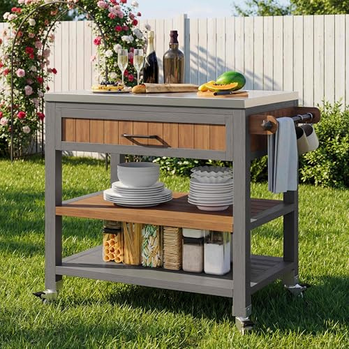 Lahoomu Gartenschrank mit Rädern & Arbeitsplatte aus Edelstahl – Mobiler Werkzeugschrank mit Schublade & Ablage, wetterfestes Sideboard mit Doppelregal & Handtuchhalter, Grillstation