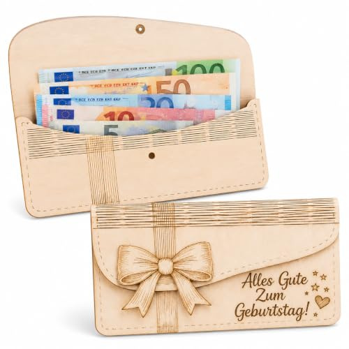 Geldgeschenke Geburtstag Holzkarte Gutschein Verpackung für Frauen | Stilvolle Holzverpackung für Geldscheine & Gutscheine. Mit feiner Lasergravur, Schleife und abgerundeten Kanten aus Holz.