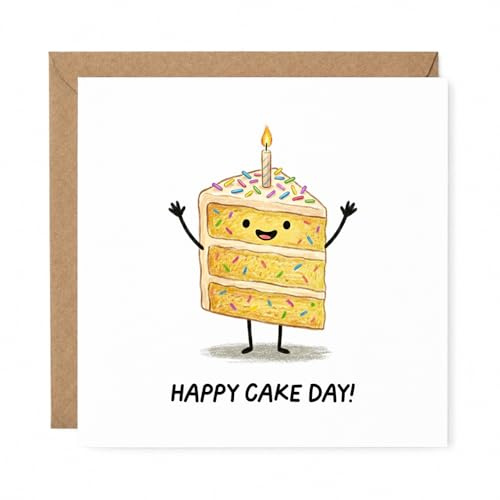 Cute Cake Birthday Card - 'Happy Cake Day' | Cute, Funny Illustrated Sprinkle Cake, Cheerful, For Friend, Family, or Colleague