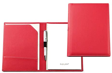 DELMON VARONE - Personalisierbare Schreibmappe DIN A5 aus „EcoAppleLeather“ Rot, Recycled Öko Apfel Leder Konferenzmappe mit Notizblock, Stiftschlaufe & Steckfächer, vegane Ökoleder Organisationsmappe