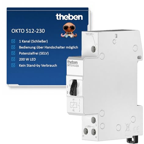 Theben 3120120 OKTO S12-230 telerruptor electromecánico 1 canal | 230 V, carril DIN, 1 contacto NO, 200 W LED, SELV, interruptor manual, consumo en reposo 0 W