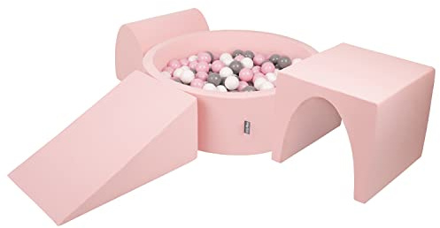 KiddyMoon Parque Infantil De Espuma con Rodondo Piscina De Bolas (200 Bolas) para Niños, Rosa:Blanco/Gris/Rosa Claro
