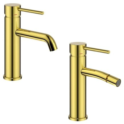 Miscelatore Monocomando Bagno Serie Jazz QuickInstall Piletta Click Clack Leva in Metallo Cartuccia Ceramica Design Moderno Oro Lucido (Coppia Lavabo Bidet)