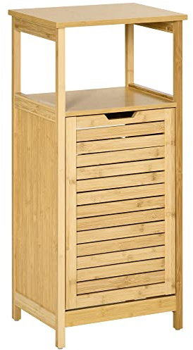 kleankin Mobiletto Bagno con Cesto Multifunzione per Bucato e Giocattoli | Mobile Portabiancheria da Bagno in MDF e Bambù, 40x30x86.5cm, Color Naturale