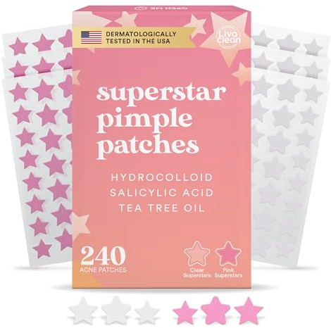 LivaClean Star Blemish Patches (240CT) - Tea Tree Oil, Clear & Pink Pimple Patch Cute, Acne Star, Cute Pimple Skincare, Patches for Face, Blemish Patch