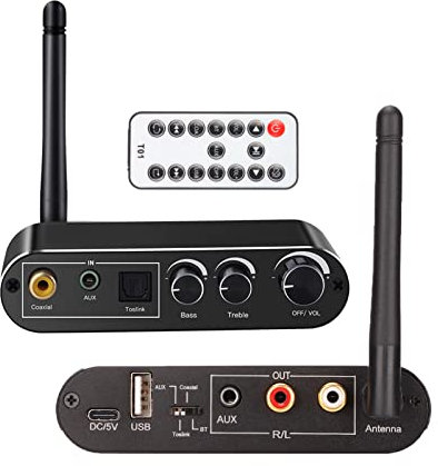 Yunseity Convertisseur Audio Numérique vers Analogique Bluetooth Convertisseur Optique vers avec Récepteur Bluetooth 5.0 Antenne Intégrée Port 3,5 Mm et 2 Ports