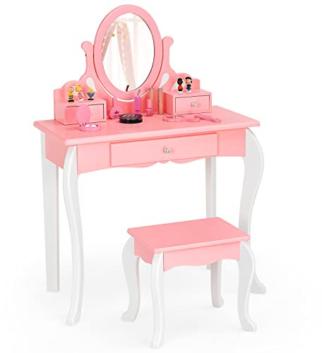 GOPLUS Kinder Schminktisch mit Spiegel, Prinzessin Frisiertisch mit 3 Schubladen und 2 Ablagen, Kosmetiktisch Holz mit Hocker, Schminkkommode Mädchen (Rosa)
