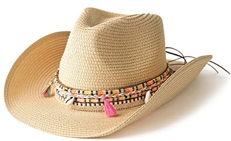 Gossifan Damen Cowboyhut aus gewebtem Stroh, mit Perlenbesatz, Band, Strand, Urlaub, Sonnenhüte, A Belt Beige, Medium
