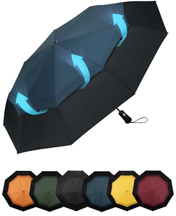 Chakipee Ombrello Pieghevole Pioggia da Viaggio Antivento - Ombrelli Portatile Blu per Uomo Automatico Apri Chiudi, Doppio Baldacchino Ventilato, Rivestimento in Tessuto 210T Apertura 102 cm 9 ossa