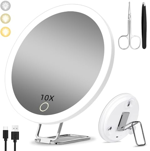 10fach Vergrößerungsspiegel mit Licht 10X, 15cm 3 Farbe Modi Dimmen beleuchteten vergrößerten Spiegel 10X, große wiederaufladbare hohe Vergrößerung Reise Make-up-Spiegel mit Saugnäpfe und Tisch Stand